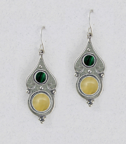 Sterling Silver Yellow Aragonite And Malachite Gemstone Drop Dangle Earrings